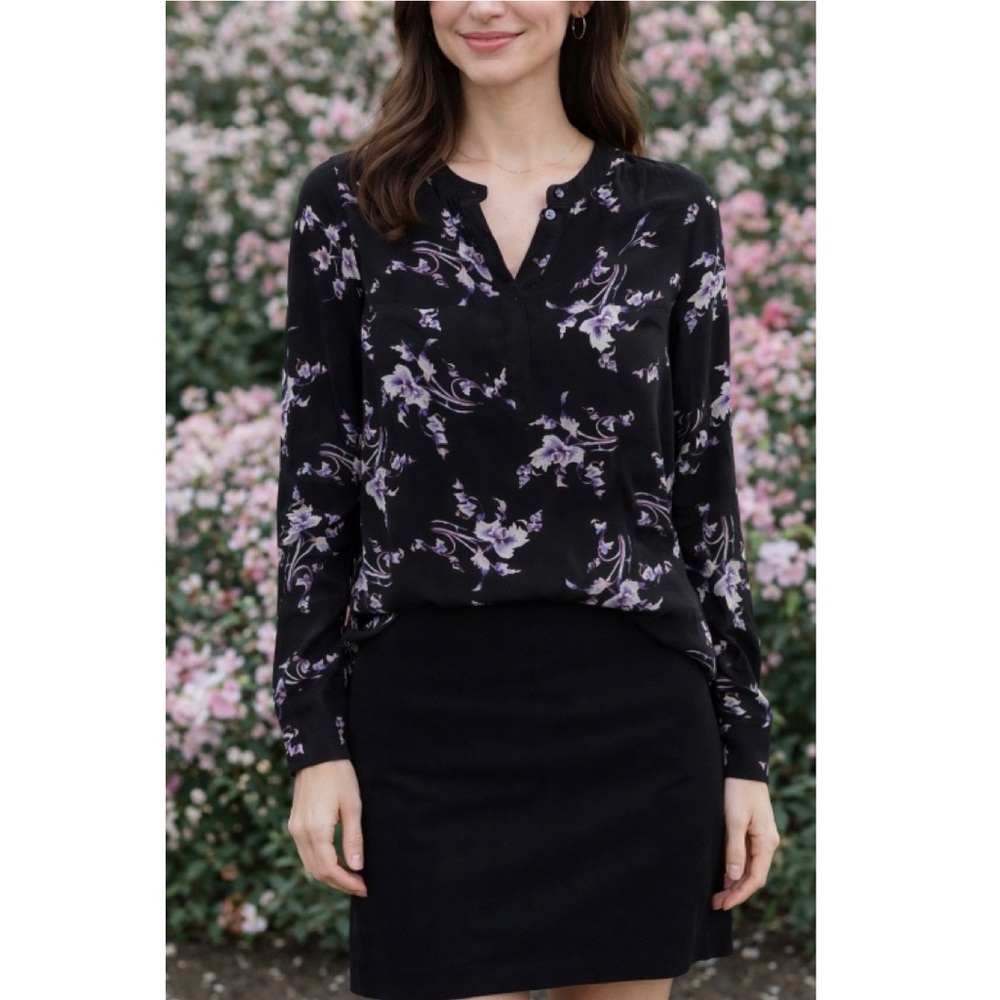 🦋🎆 Rebecca Taylor 100% Silk Black Floral Blouse Long Sleeve Top Hi Lo Blouse 12